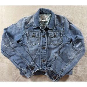 Roxy Y2K Crop Jean Jacket Womens Size M Blue Denim Distressed pre owned Patch